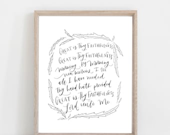 Hand Lettered Print Great is Thy Faithfulness | Calligraphy Hymn | Poster or Print  | Free Shipping | Physical Copy