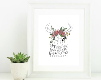 Digital Print with Scripture Bible Verse O Dry Bones Hear the Word of the Lord Ezekiel 37:4 Cow Skull Flower Garland