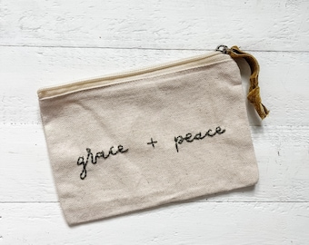 hand embroidered small canvas zippered pouch | grace + peace | pencil pouch | makeup bag | personalized gift