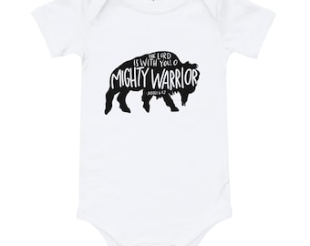 Buffalo Mighty Warrior Onesie | Baby Bodysuit | Baby Clothing | Christian Baby Clothing | Judges 6:12