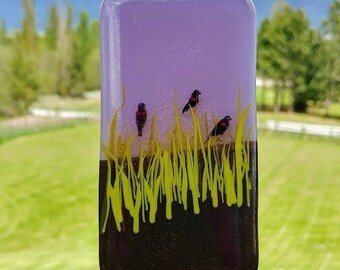 Fused Glass Marsh Red Winged Blackbirds Landscape Art