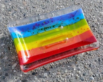 Rainbow Pride Fused Glass Soap Dish Tray One of a Kind