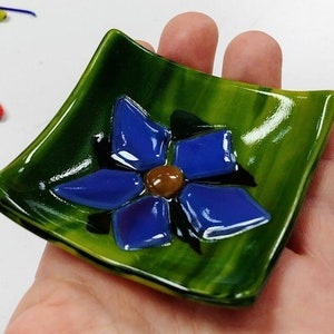 3 inch Square Handmade Fused Clematis Flower Art Small Dish