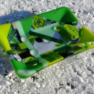 Fused Glass Green Purple Patchwork Mosaic Soap Dish Tray