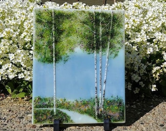 Vidrio fusionado Abedul árbol de color que cambia el arte del paisaje
