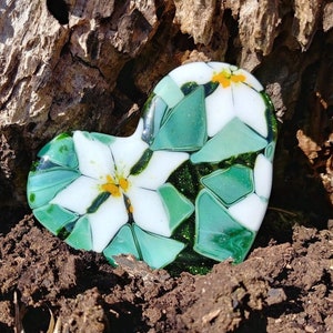 Fused Glass Heart White Flower Ornament Bullseye COE 90