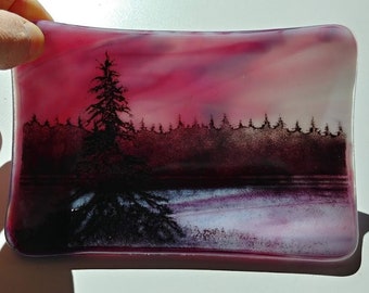 Pink Tree Landscape Fused Glass Soap Dish Tray One of a Kind