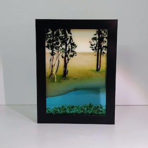 Fused Glass Sparkly Leafy Tree Water Landscape Art Framed