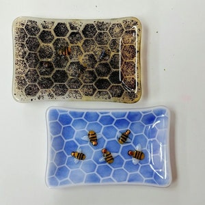 Bee Honeycomb Fused Glass Soap Dish Tray One of a Kind