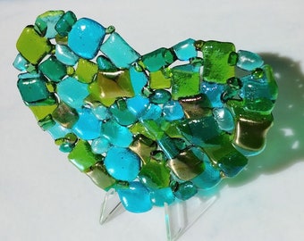 Blue Green Textured Fused Glass Flat Heart