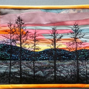 Kootenay Lake Larch Tree Sunrise Sunset Landscape Art Quilt Wall Hanging