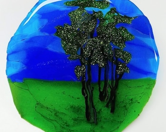 Fused Glass Tree Sky Round Landscape Art