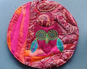 Small Round Owl Flowers Patchwork Pink Art Quilt Wall Hanging Quilted