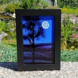Fused Glass Purple Moon Tree Landscape Art Framed