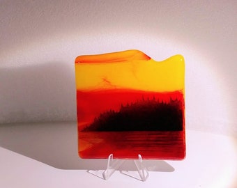 Fused Glass Forest Sunset Landscape Art Accent Tile