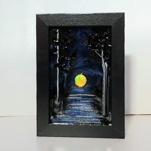 Fused Glass Sparkly Night Moon Tree Water Sky Landscape Art Framed