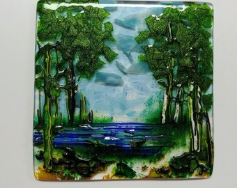 Fused Glass Tree Water Landscape Art