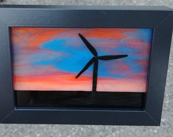 Fused Glass Prairie Sunset Sky Wind Turbine Landscape Art Framed