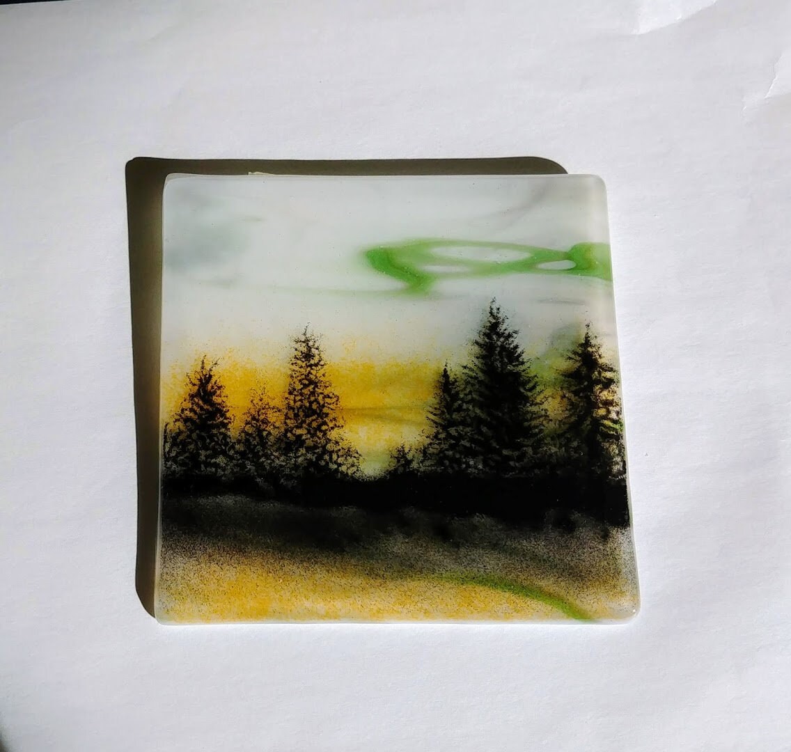 Tutorial Fusing Glass Powder Evergreen Trees at Sunrise  