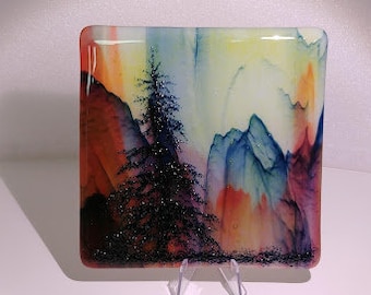 Fused Glass Tree Mountain Sparkly Square Landscape Art