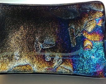 Dark Rainbow Sparkly Fused Glass Soap Dish Tray One of a Kind