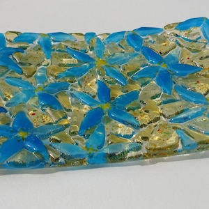 Blue Mosaic Flower Fused Glass Dish Tray One of a Kind