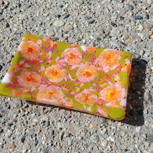 Orange Pink Flower Fused Glass Soap Dish Tray One of a Kind
