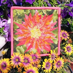 Pink Orange Flower Square Art Quilt Wall Hanging