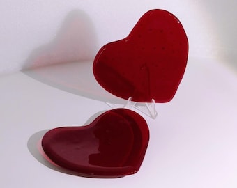 Set of 2 Transparent Red Fused Glass Heart Tray