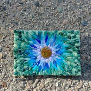 Blue Mosaic Flower Fused Glass Dish Tray One of a Kind
