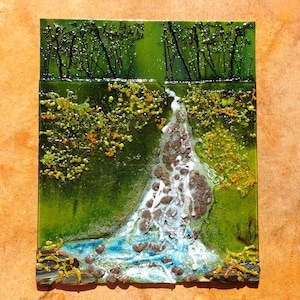Fused Glass Forest Waterfall Landscape Art