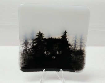 Fused Glass Cat Tree Landscape 4 inch Square Dish Handmade