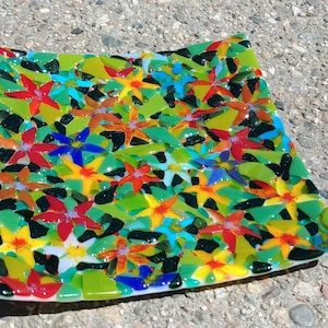 Fused Glass Handmade Rainbow Flowers Art Tray
