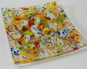 Fused Glass Handmade Rainbow Abstract Art Tray