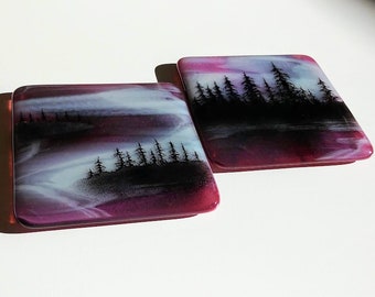 Fused Glass Pink Sunset Sunrise Tree Landscape Coasters Accent Tile