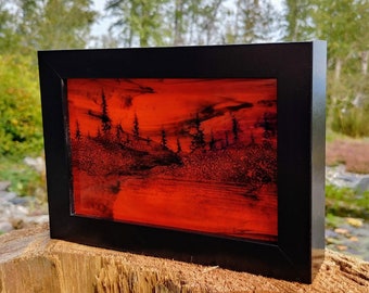 Fused Glass Fire Red Sky Forest Lake Landscape Art Framed