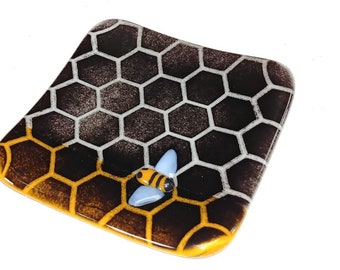 4 inch Square Handmade Fused Yellow Black White Glass Bee Insect Dish Honeycomb