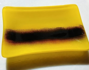 Yellow Tree Landscape Fused Glass Soap Dish Tray One of a Kind