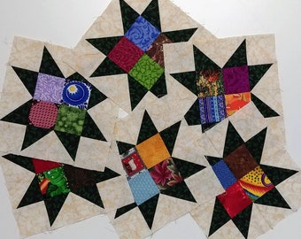 Set of 6 handmade unfinished star quilt blocks