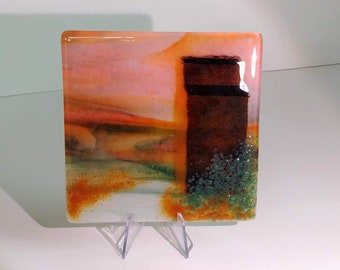 Accent Tile Elevator Sunset Sunrise Landscape Fused Glass Art