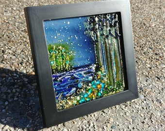 Fused Glass Sparkly Trees Water Sky Stars Path Landscape Art Square Framed