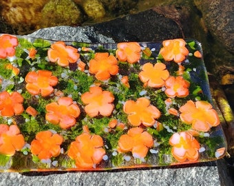 Orange Flower Fused Glass Dish Tray One of a Kind