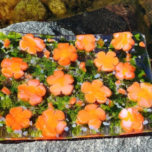 Orange Flower Fused Glass Dish Tray One of a Kind