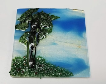 Fused Glass Tree Sky Landscape Art Accent Tile