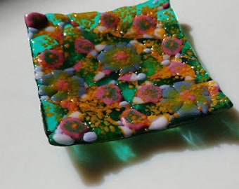 Fused Glass Flower Mosaic 4 inch Square Dish Handmade