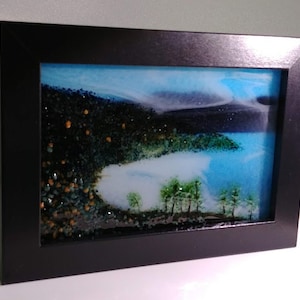 Fused Glass Lake Trees Water Sky Landscape Art Framed