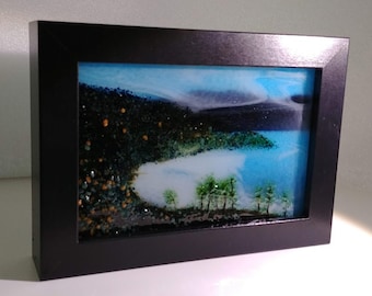 Fused Glass Lake Trees Water Sky Landscape Art Framed