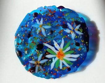 Fused Glass Blue Water Sky Flowers Round Art