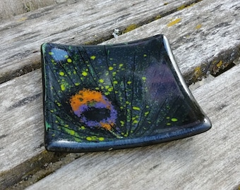 Fused Glass Peacock Feather 4 inch Square Dish Handmade