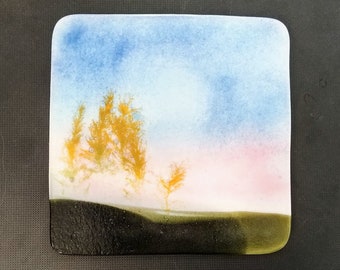 Vidrio fundido cuadrado Paisaje Arte Árboles